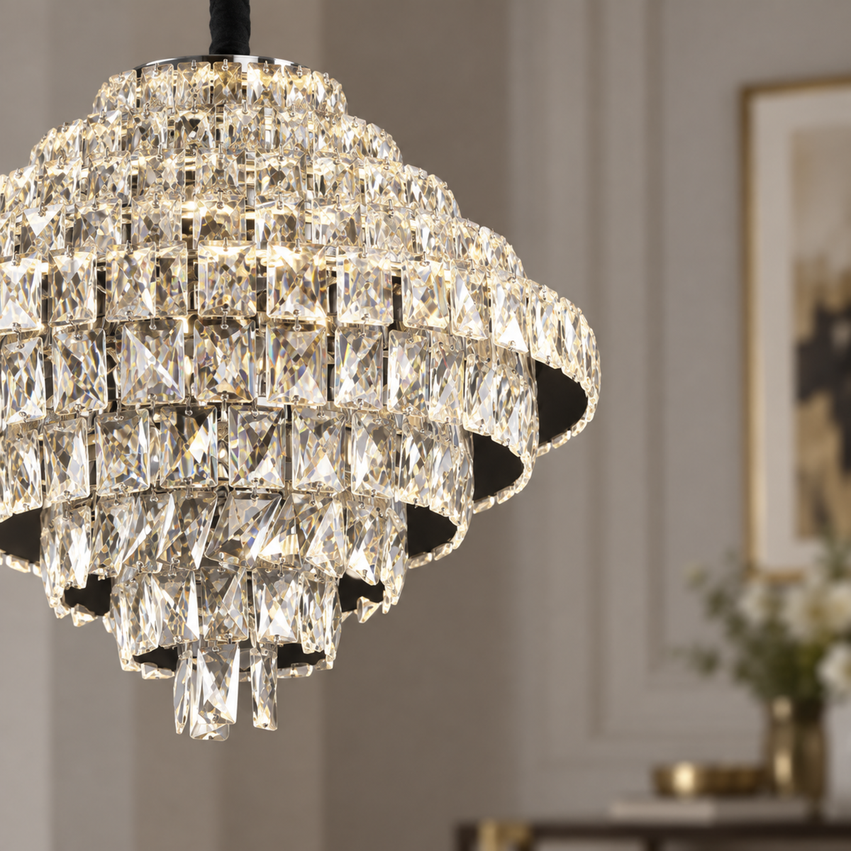 Candelabru Cristal Opal cu telecomanda, 110W, Diametru 35 cm, 3000K/4000/6000K, Crom Lucios, Inaltime Reglabila