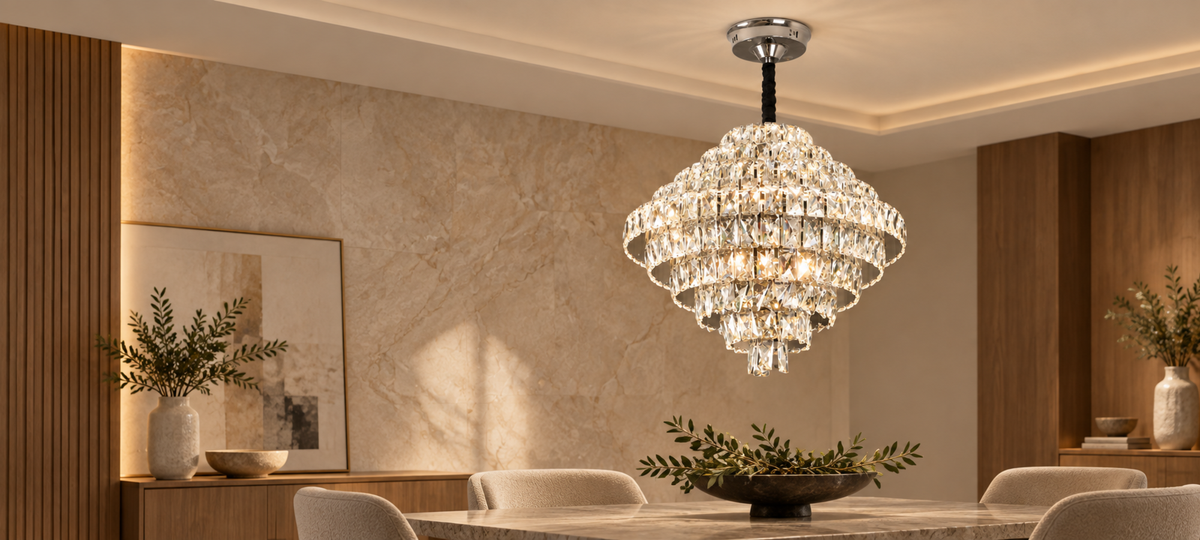 Candelabru Cristal Opal cu telecomanda, 110W, Diametru 35 cm, 3000K/4000/6000K, Crom Lucios, Inaltime Reglabila