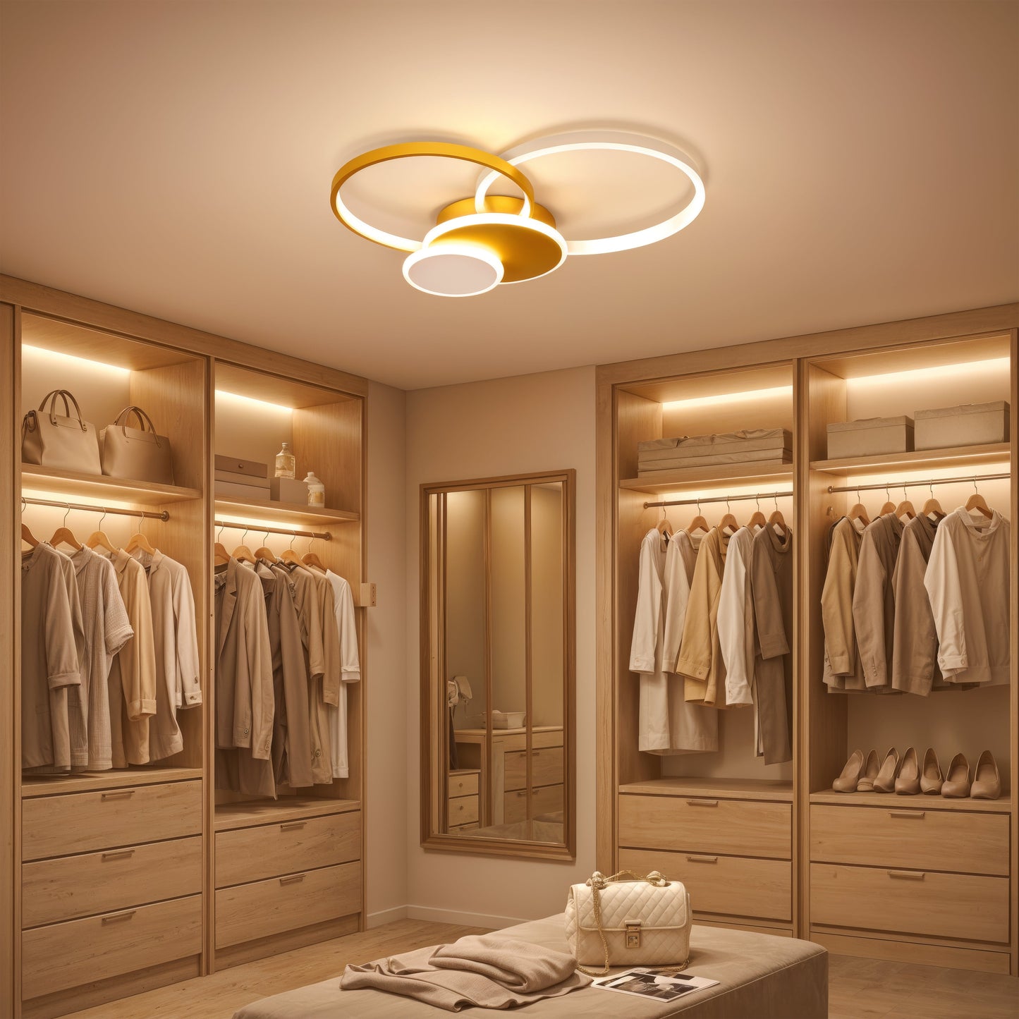 Lustra LED cu telecomanda KILLIAN 80W, 4 Cercuri, lumina Rece/Calda/Neutra, Dimabila, Auriu