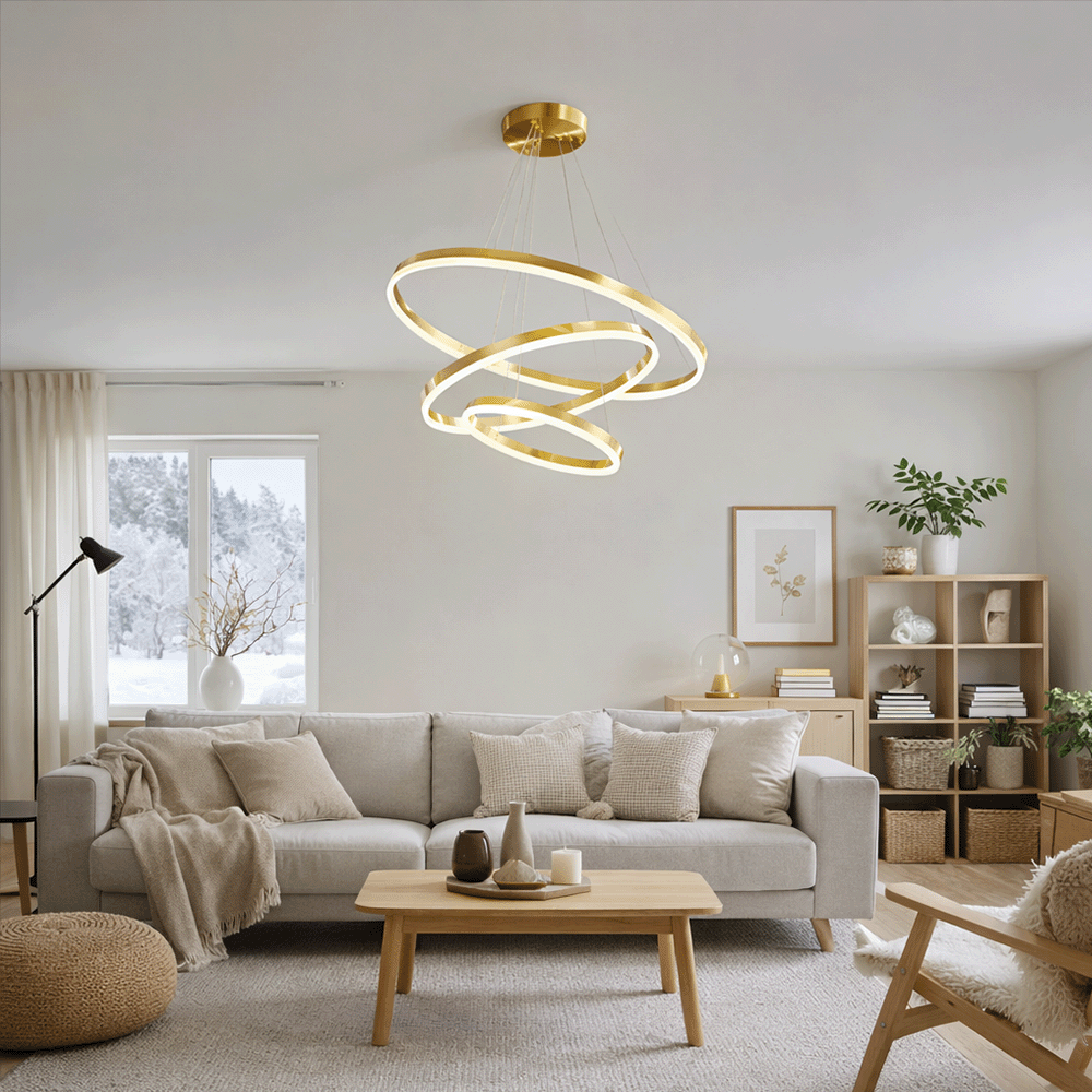 Lustra LED suspendata cu telecomanda ELIZABETH, 85W, 3 Cercuri, lumina Rece/Calda/Neutra, Dimabila, Auriu Lucios, Inaltime Reglabila