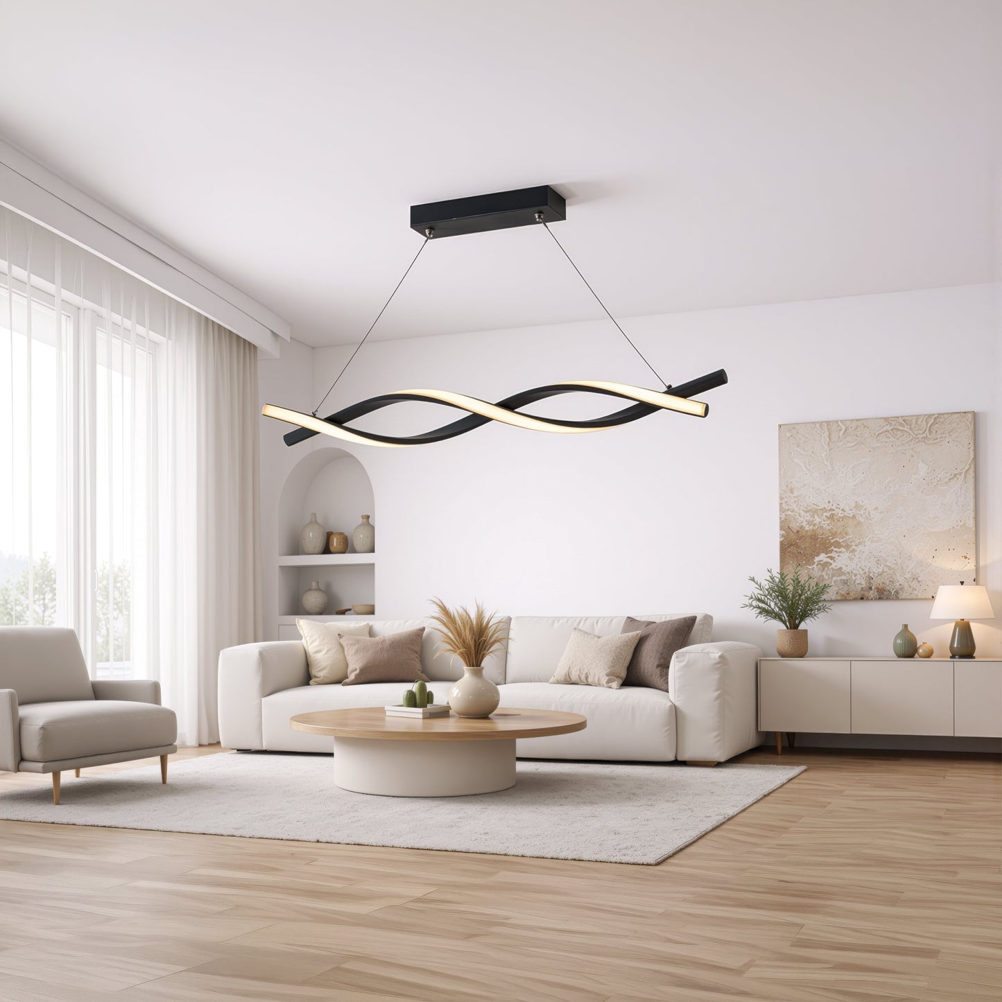 Lustra LED Suspendata cu Telecomanda, FLUX, 27W, 116cm, Lumina Rece/Calda/Neutra 3000K/4000K/6000K, Dimabila, Negru, Inaltime Reglabila, Metal si Silicon