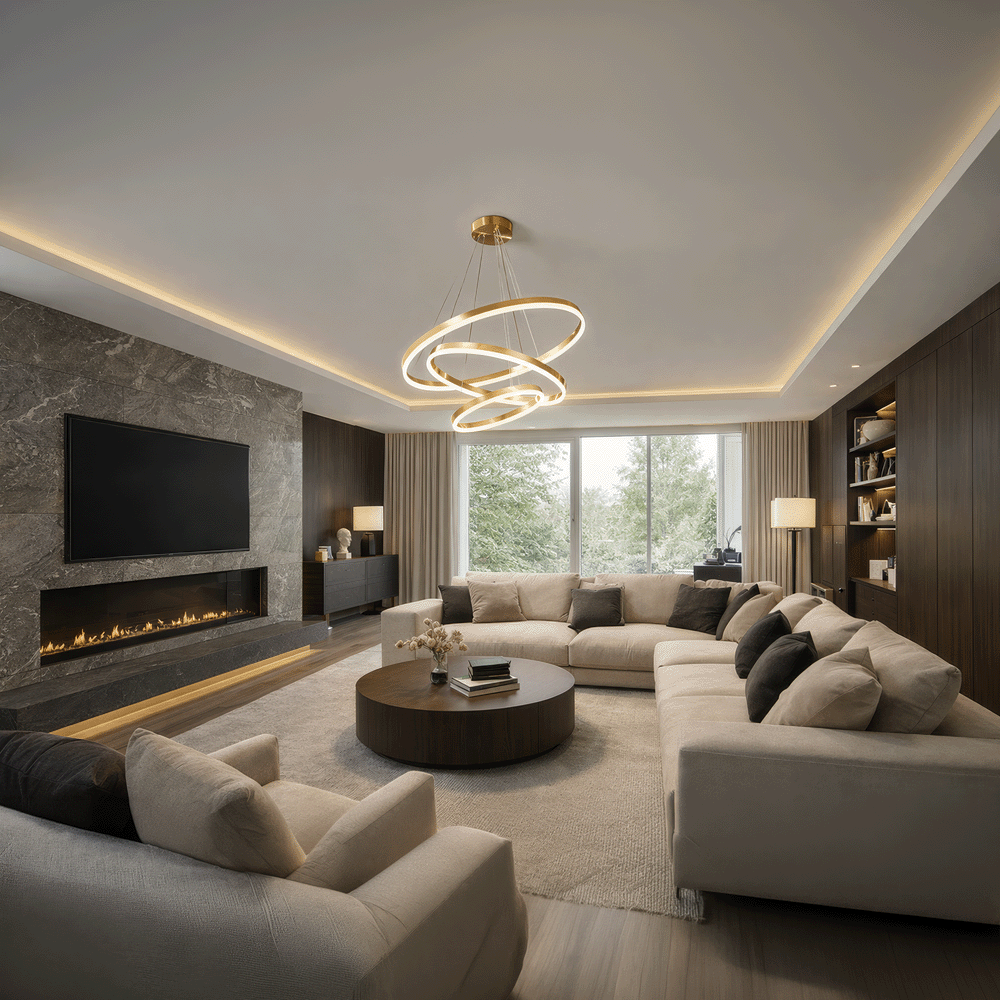 Lustra LED suspendata cu telecomanda ELIZABETH, 85W, 3 Cercuri, lumina Rece/Calda/Neutra, Dimabila, Auriu Lucios, Inaltime Reglabila