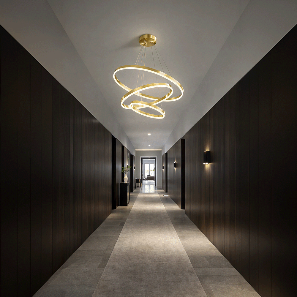 Lustra LED suspendata cu telecomanda ELIZABETH, 85W, 3 Cercuri, lumina Rece/Calda/Neutra, Dimabila, Auriu Lucios, Inaltime Reglabila