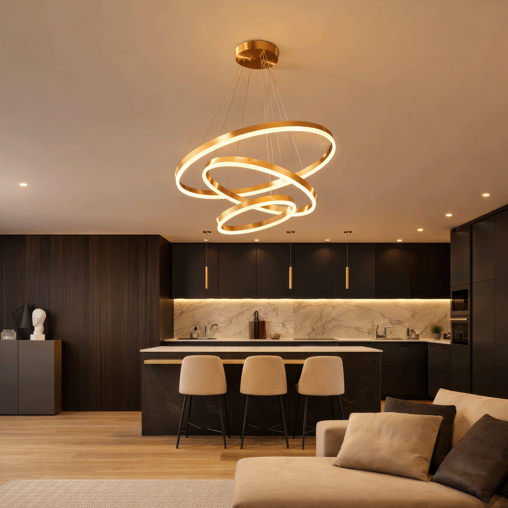 Lustra LED suspendata cu telecomanda ELIZABETH, 85W, 3 Cercuri, lumina Rece/Calda/Neutra, Dimabila, Auriu Lucios, Inaltime Reglabila