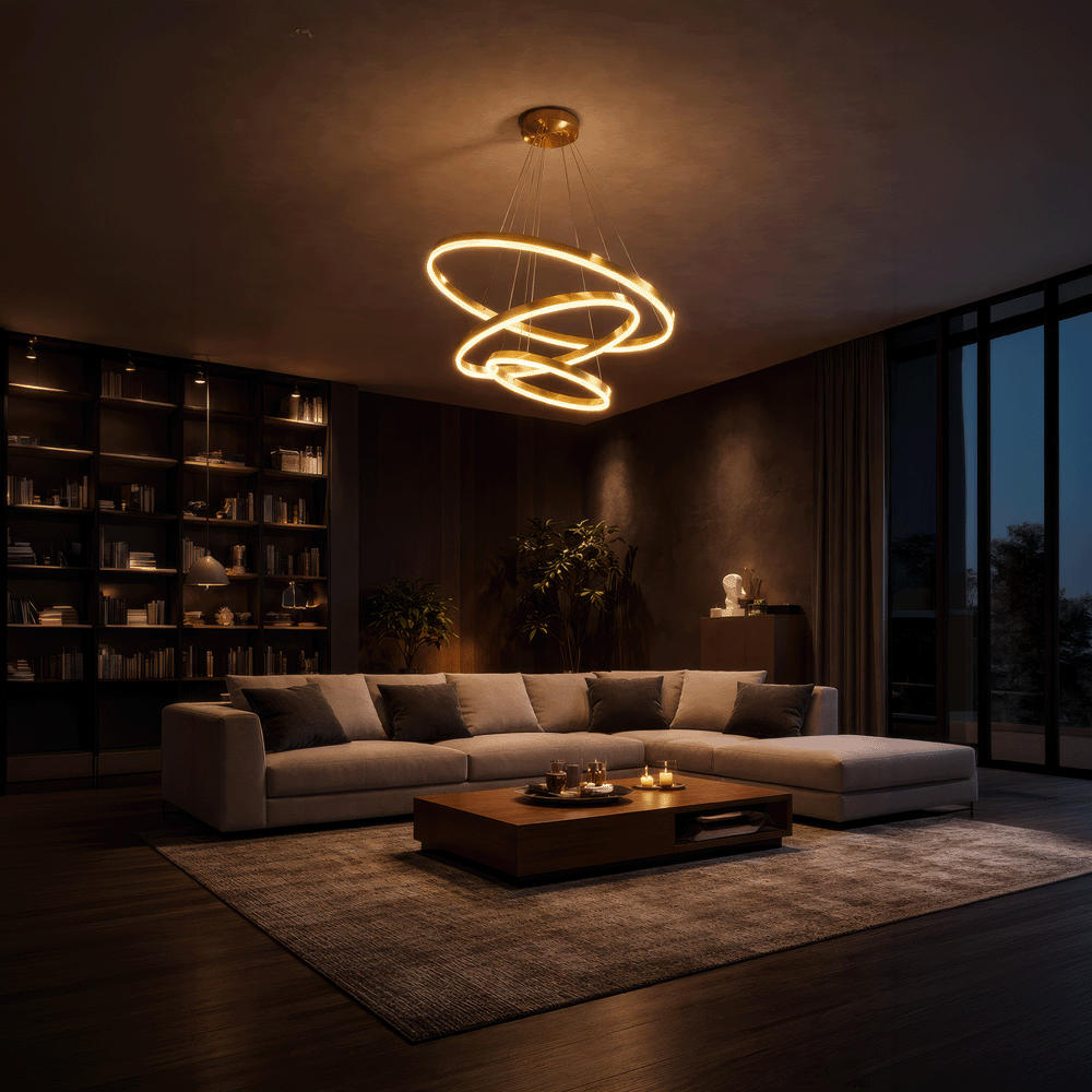 Lustra LED suspendata cu telecomanda ELIZABETH, 85W, 3 Cercuri, lumina Rece/Calda/Neutra, Dimabila, Auriu Lucios, Inaltime Reglabila