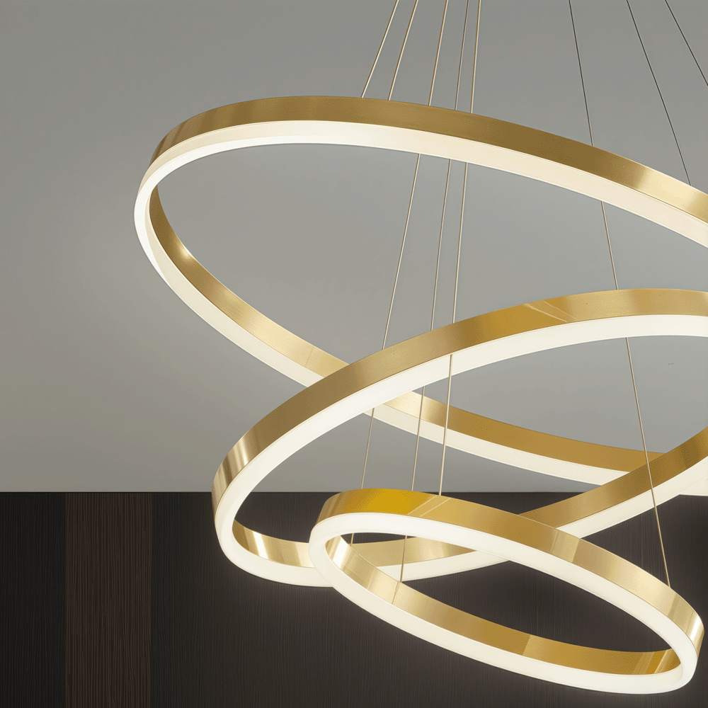 Lustra LED suspendata cu telecomanda ELIZABETH, 85W, 3 Cercuri, lumina Rece/Calda/Neutra, Dimabila, Auriu Lucios, Inaltime Reglabila