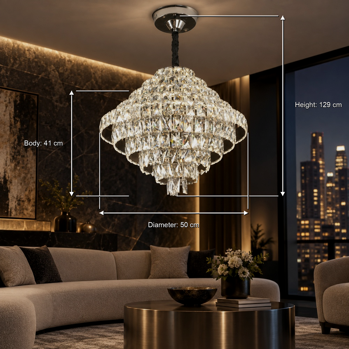 Candelabru Cristal Opal cu telecomanda, 110W, Diametru 35 cm, 3000K/4000/6000K, Crom Lucios, Inaltime Reglabila