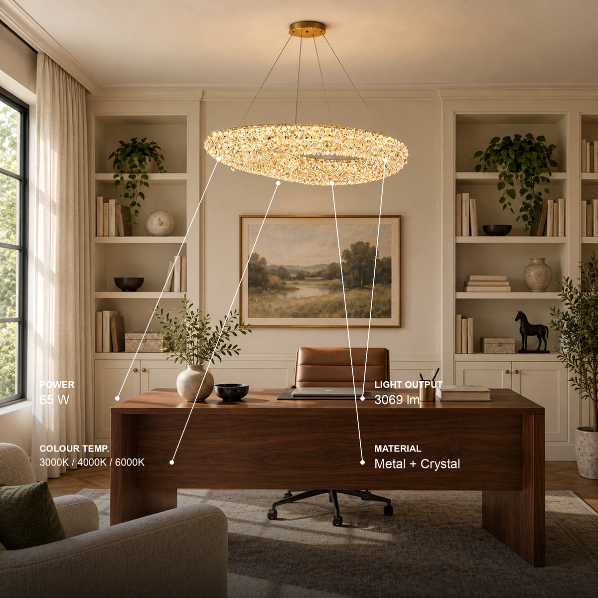 Candelabru Modern cu Cristal, Telecomanda, PRUGU, 65W, Lumina Calda/Neutra/Rece, Lungime 35 cm, Auriu, Inaltime reglabila