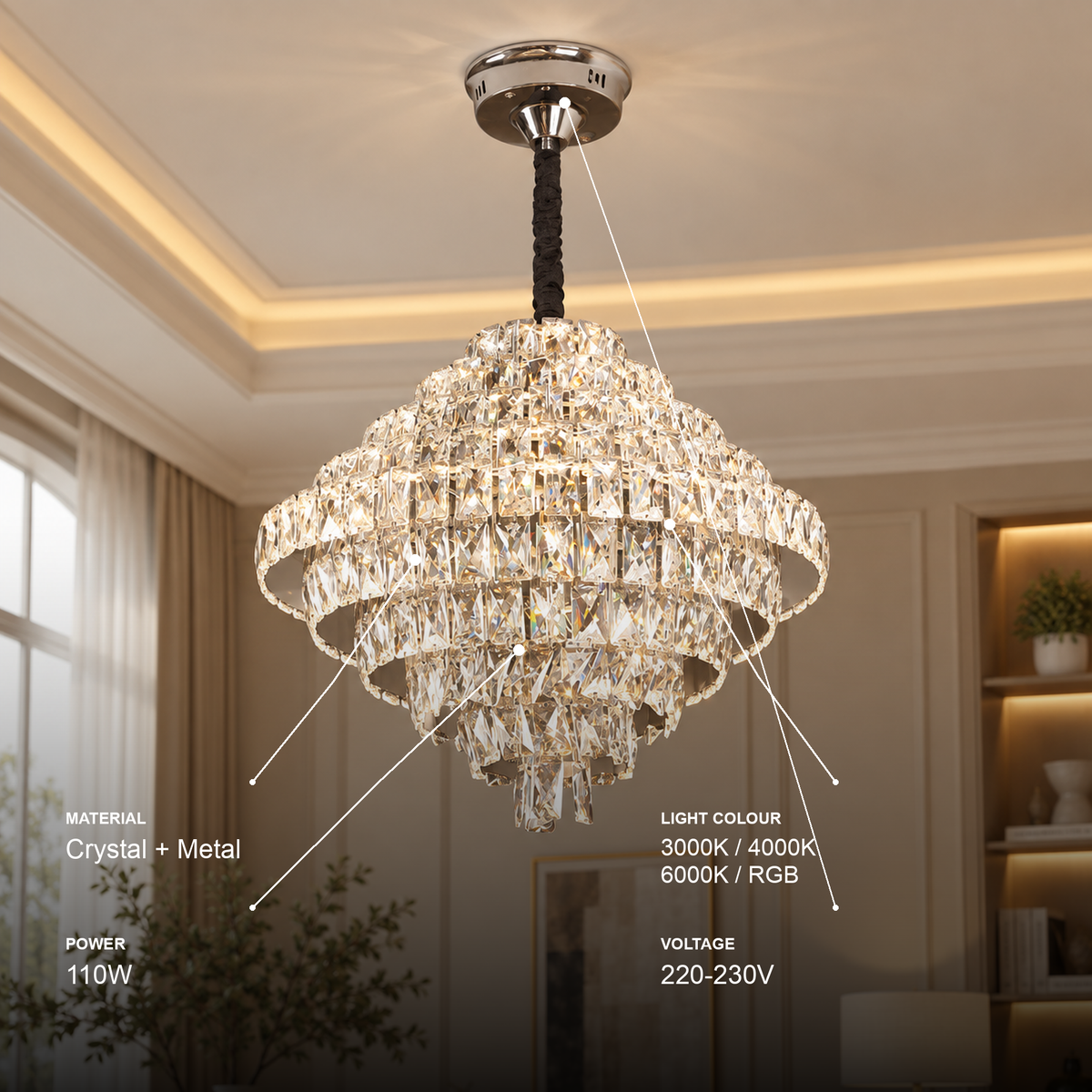 Candelabru Cristal Opal cu telecomanda, 110W, Diametru 35 cm, 3000K/4000/6000K, Crom Lucios, Inaltime Reglabila