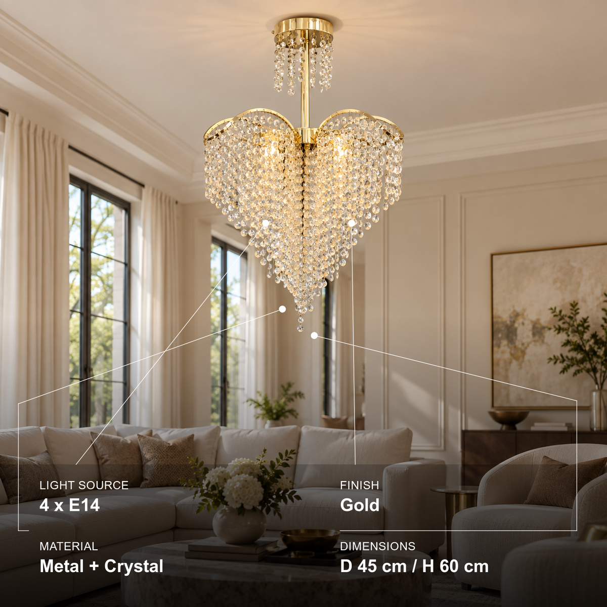 Candelabru Cristal Ander, 4xE14, Diametru 45cm, Auriu