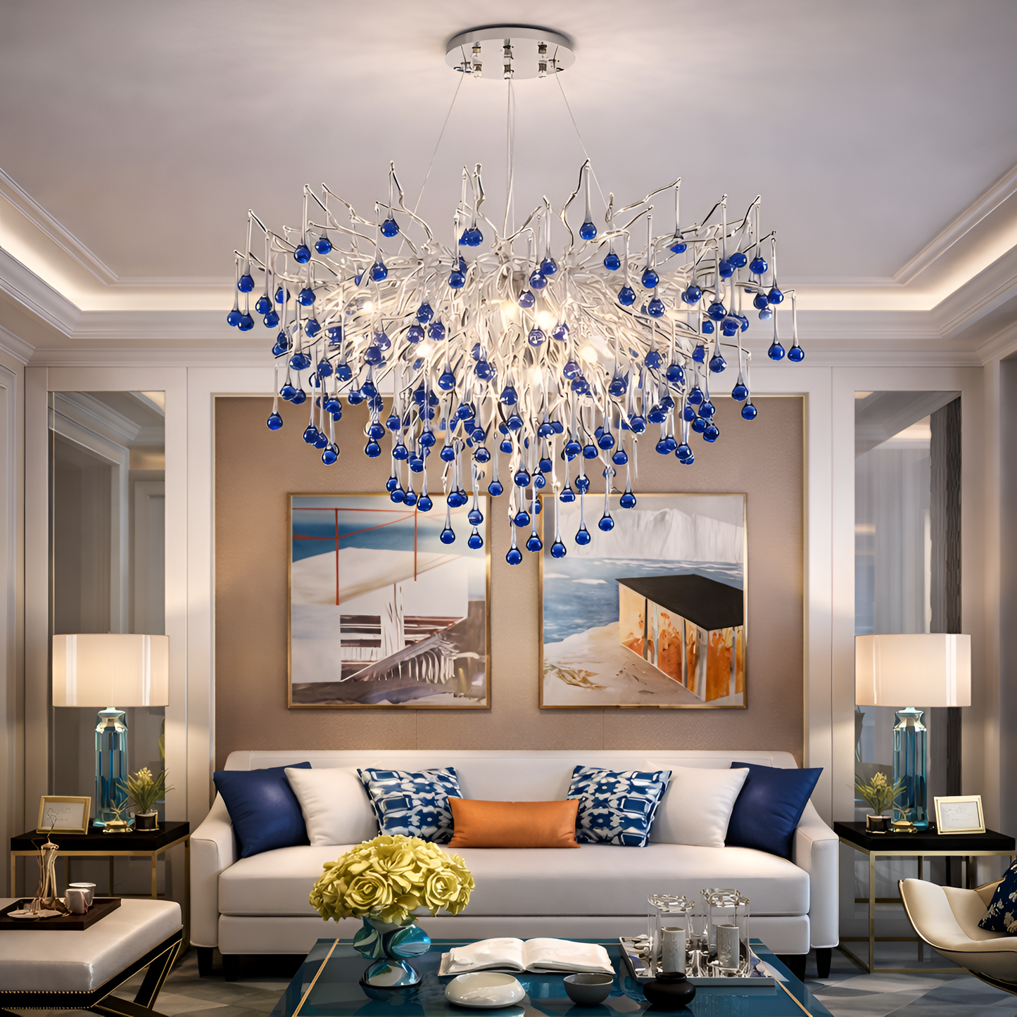 Candelabru Cristal CC335/600CH, 9x G9, Crom si Cristale Albastre, 60cm, Inaltime Reglabila