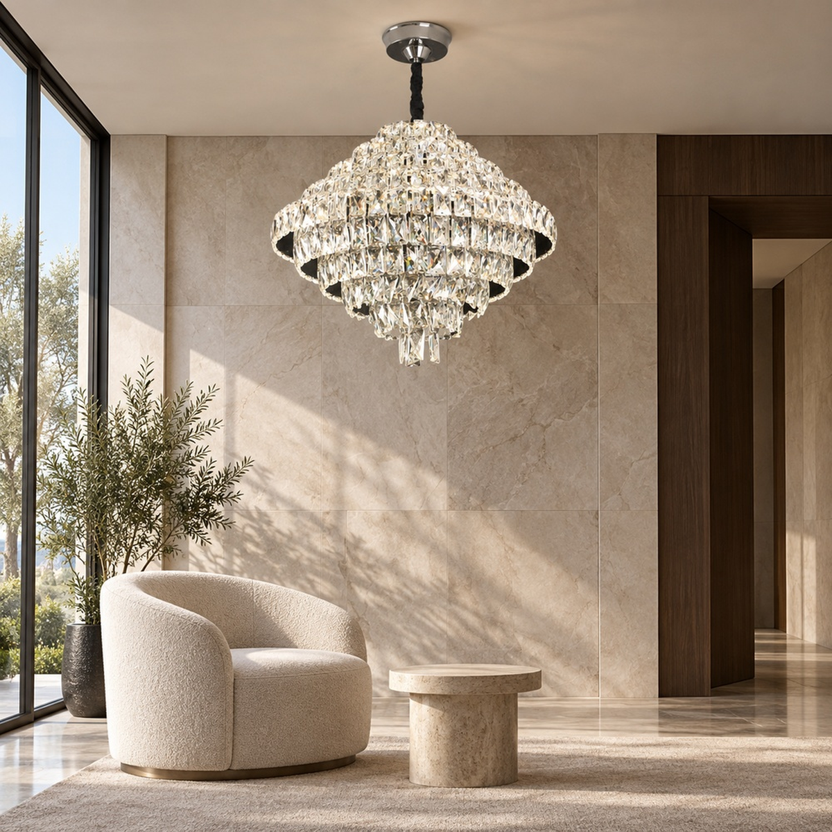 Candelabru Cristal Opal cu telecomanda, 110W, Diametru 35 cm, 3000K/4000/6000K, Crom Lucios, Inaltime Reglabila