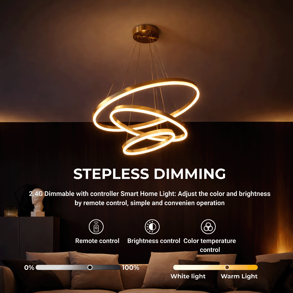 Lustra LED suspendata cu telecomanda ELIZABETH, 85W, 3 Cercuri, lumina Rece/Calda/Neutra, Dimabila, Auriu Lucios, Inaltime Reglabila