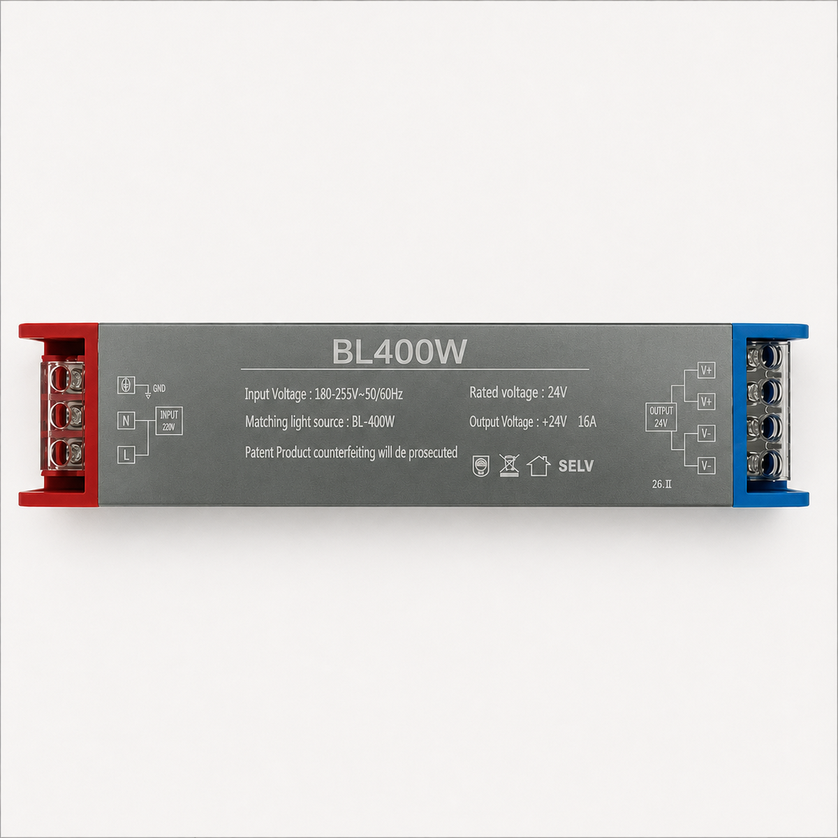 Sursă de alimentare LED 24V, 20.5x2.5x4 cm, Cupru si Aluminiu, Neagră