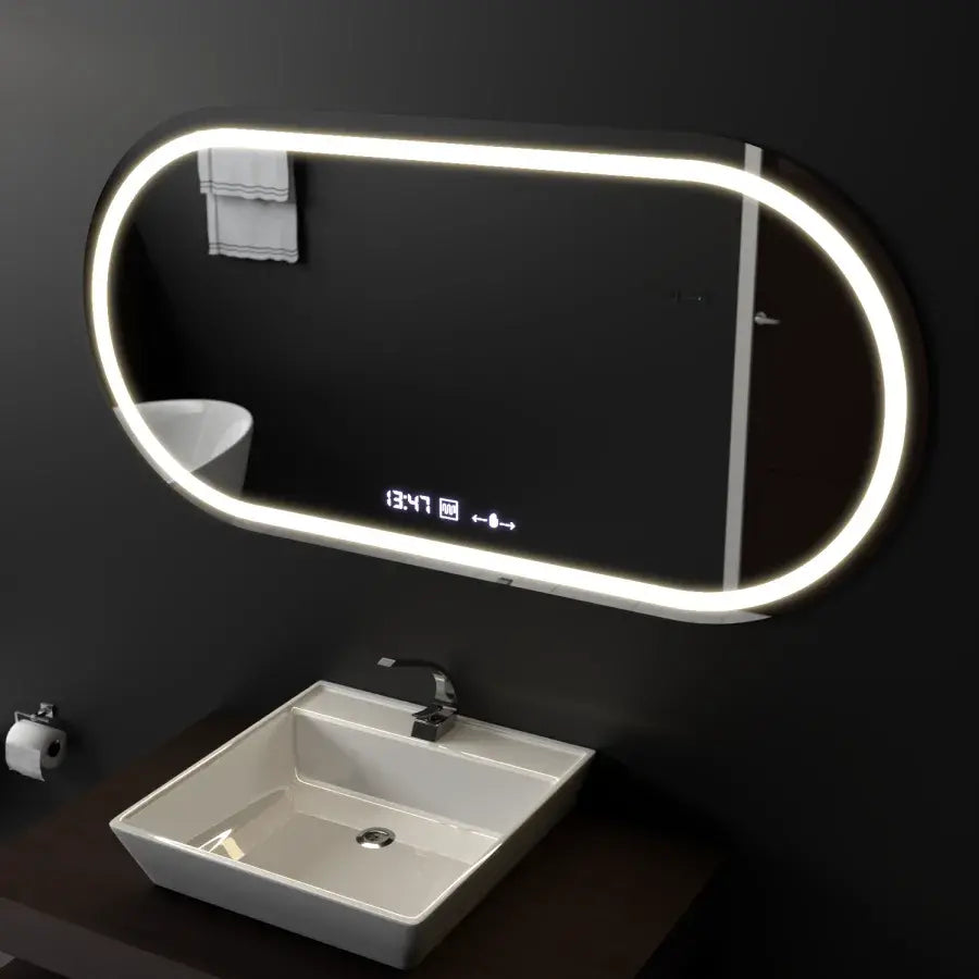 Oglinda LED Ovala, 80x50cm, Altera Senzor MotionGlow Marcello, Sistem Dezaburire, Ceas & Termometru, Dimabila
