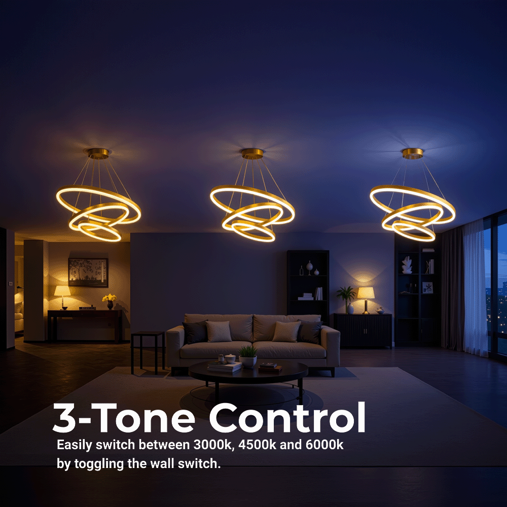 Lustra LED suspendata cu telecomanda ELIZABETH, 85W, 3 Cercuri, lumina Rece/Calda/Neutra, Dimabila, Auriu Lucios, Inaltime Reglabila