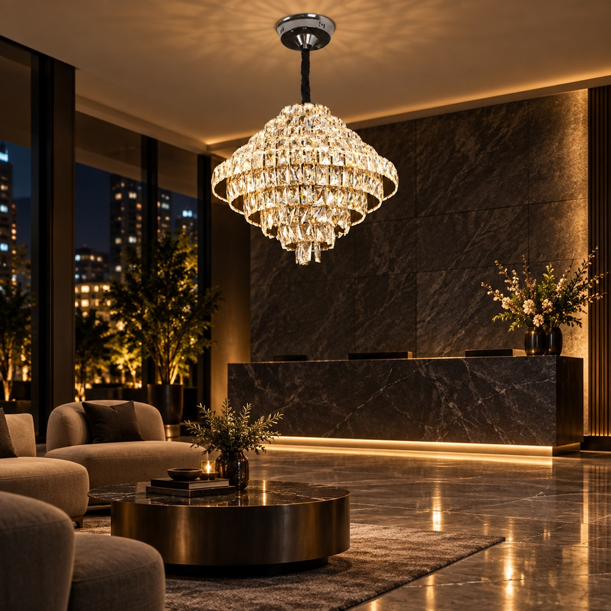 Candelabru Cristal Opal cu telecomanda, 110W, Diametru 35 cm, 3000K/4000/6000K, Crom Lucios, Inaltime Reglabila