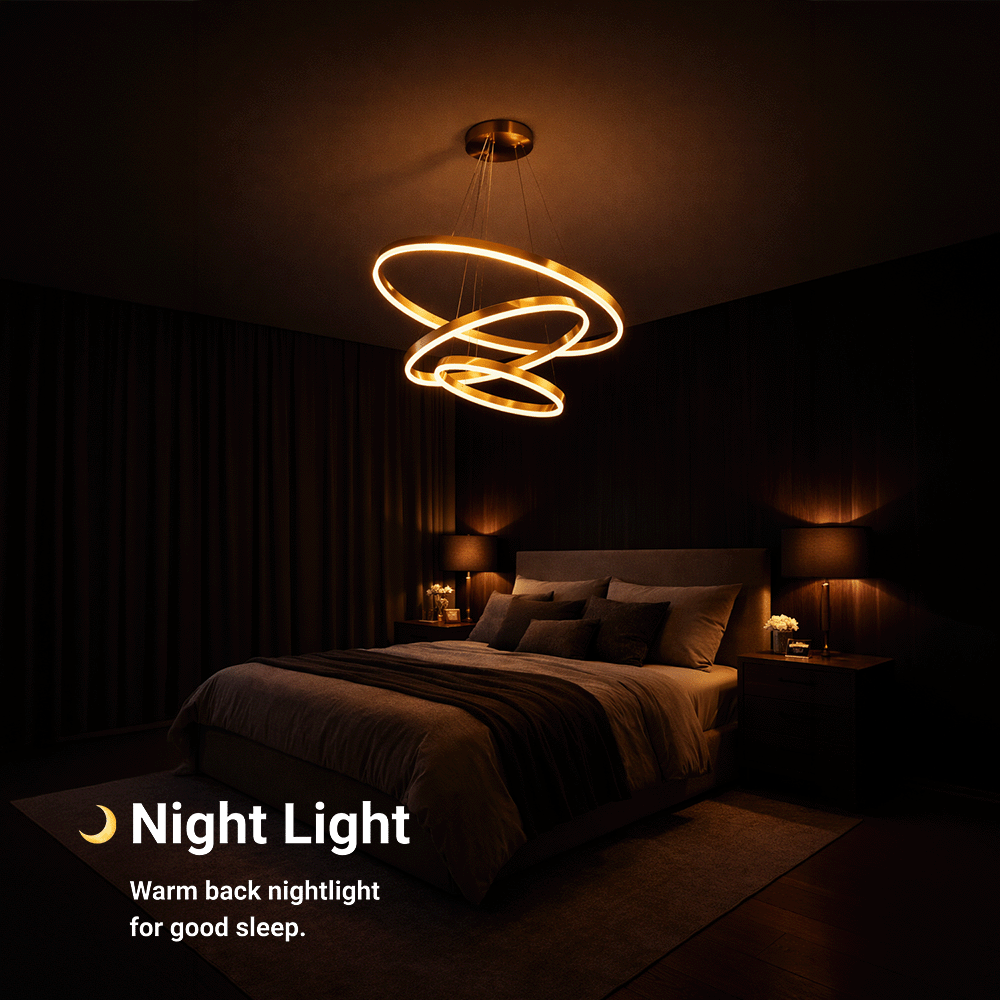 Lustra LED suspendata cu telecomanda ELIZABETH, 85W, 3 Cercuri, lumina Rece/Calda/Neutra, Dimabila, Auriu Lucios, Inaltime Reglabila