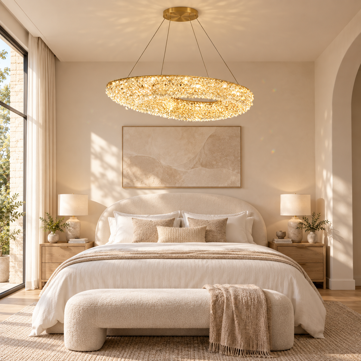 Candelabru Modern cu Cristal, Telecomanda, PRUGU, 65W, Lumina Calda/Neutra/Rece, Lungime 35 cm, Auriu, Inaltime reglabila