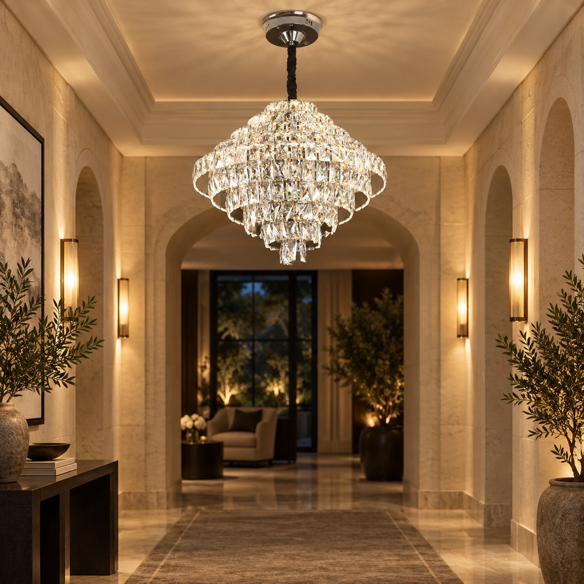 Candelabru Cristal Opal cu telecomanda, 110W, Diametru 35 cm, 3000K/4000/6000K, Crom Lucios, Inaltime Reglabila