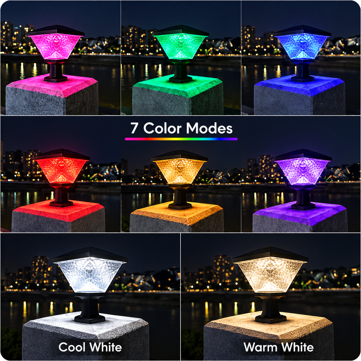 Lampa Solara LED pentru Stalp Exterior KATTAKURGAN, 8W, Lumina Calda/Rece/Neutra + RGB, Forma Patrata, Aluminiu, Negru, Dimabila