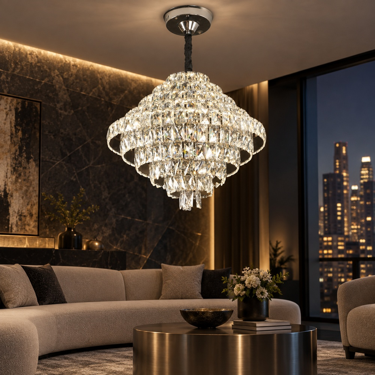 Candelabru Cristal Opal cu telecomanda, 110W, Diametru 35 cm, 3000K/4000/6000K, Crom Lucios, Inaltime Reglabila