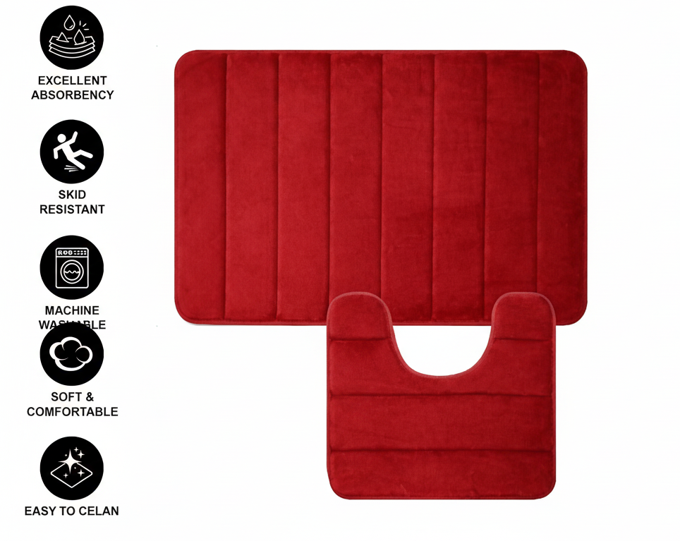 Covorase de Baie, 80x50 cm / 50x40 cm, Rosu, Antiderapant, Absorbant, Set 2 bucati
