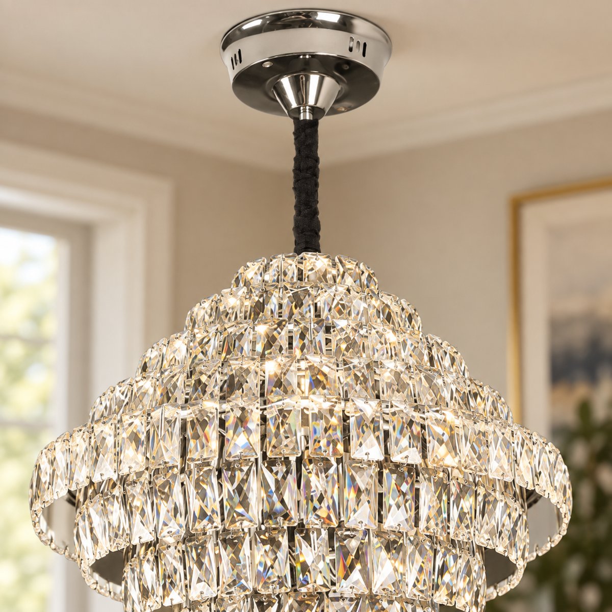 Candelabru Cristal Opal cu telecomanda, 110W, Diametru 35 cm, 3000K/4000/6000K, Crom Lucios, Inaltime Reglabila