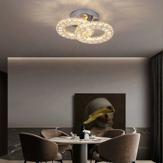 Lustra LED cu telecomanda si cristal ZABINA 32W, 2 Cercuri, lumina Rece/Calda/Neutra, Dimabila, Crom Lucios