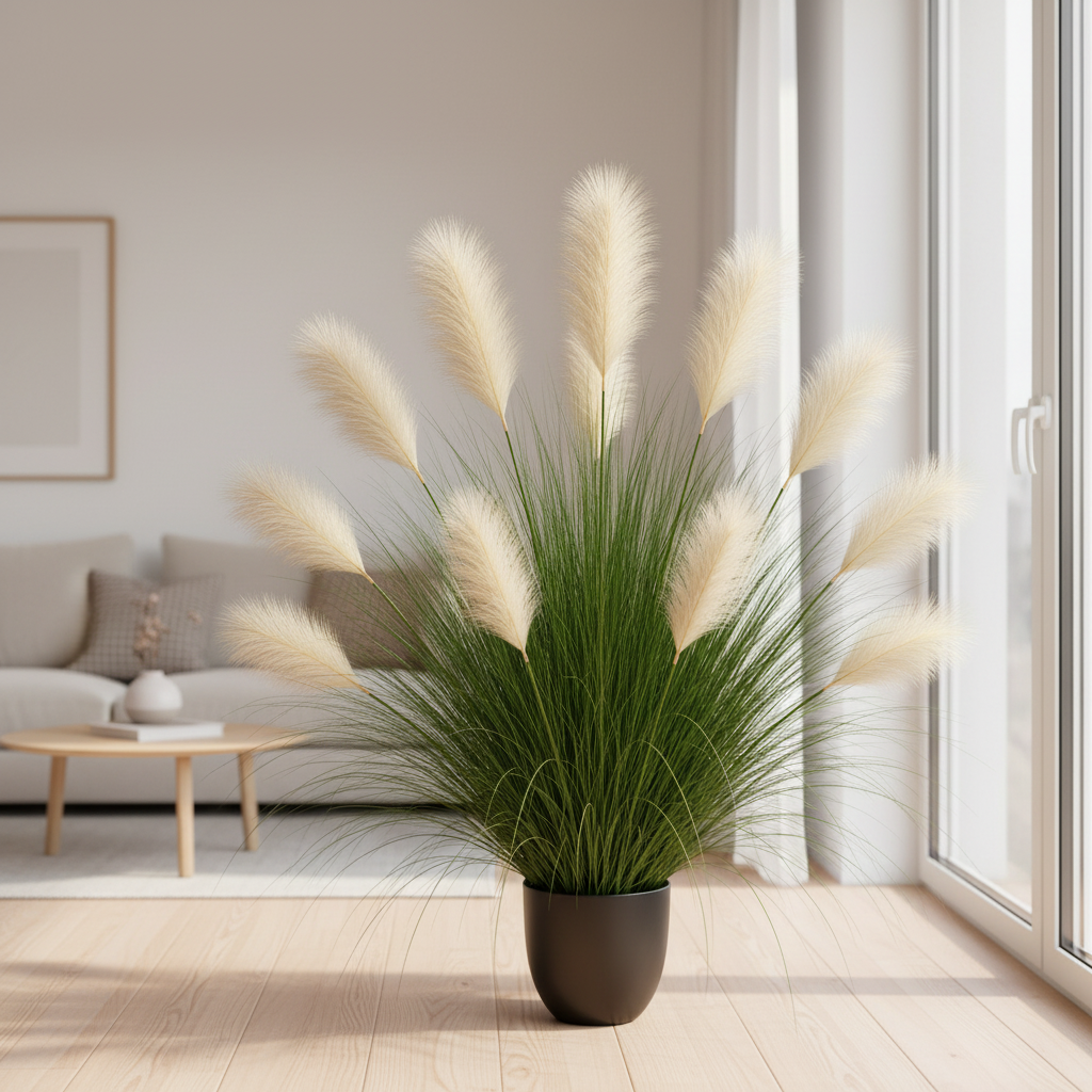 Planta Artificială Iarbă Ornamentală, 137 cm, 11 tulpini, Stuf si Iarba, Verde deschis si Alb, Fara Ghiveci