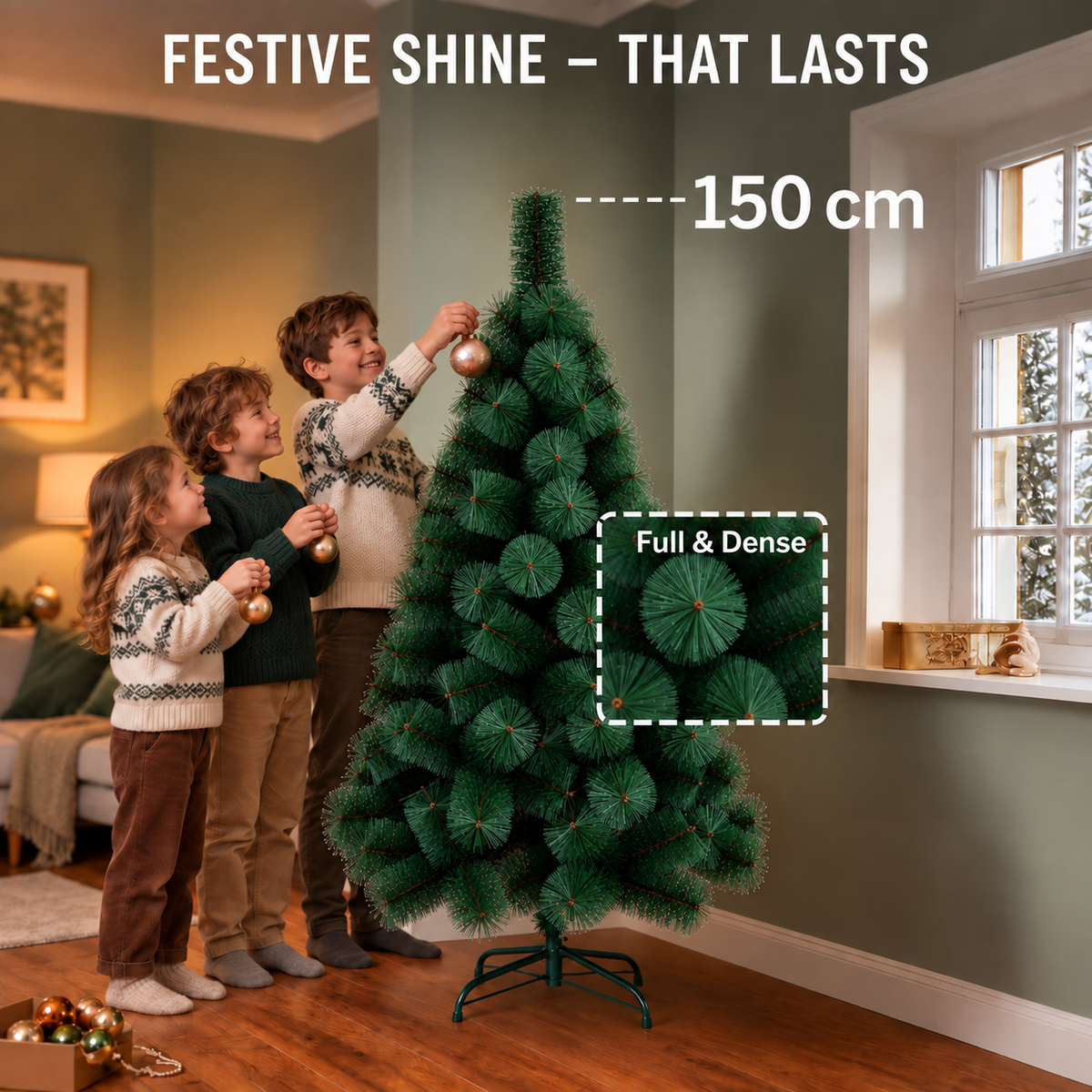 Brad Artificial MANIITSOQ, 150 cm, 130 vârfuri, Suport Metalic, Verde