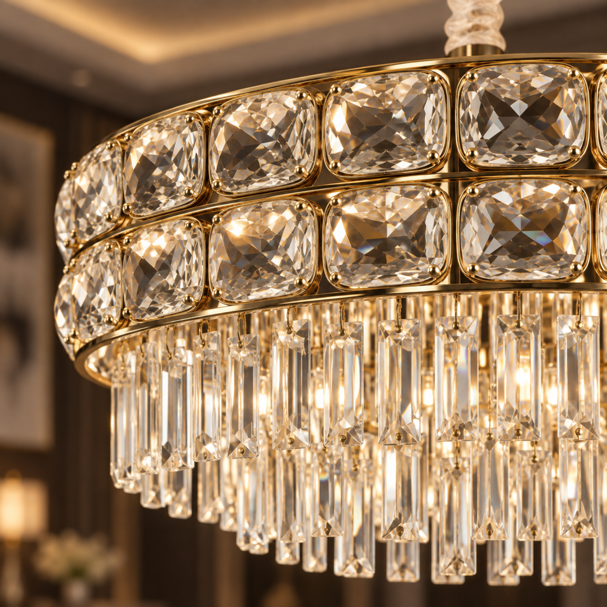 Candelabru Cristal LUCENT Nobile 4xE14, D40 cm, Auriu, Inaltime Reglabila, Metal si Cristal