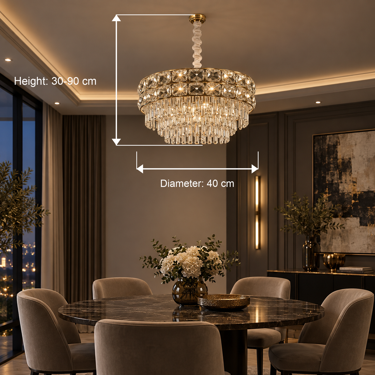 Candelabru Cristal LUCENT Nobile 4xE14, D40 cm, Auriu, Inaltime Reglabila, Metal si Cristal