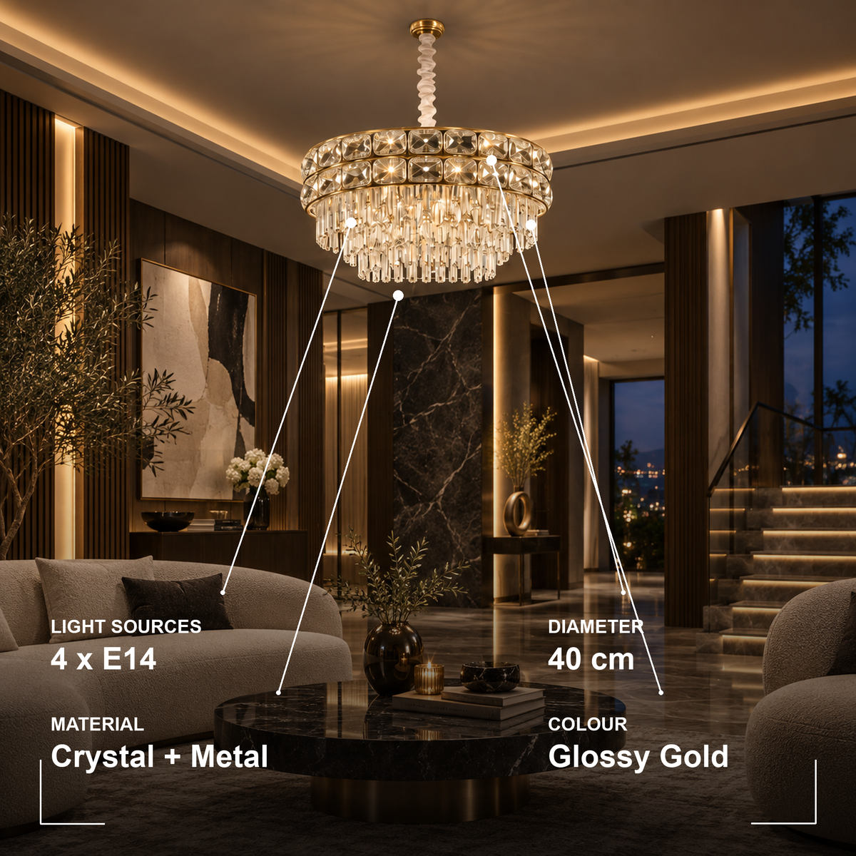 Candelabru Cristal LUCENT Nobile 4xE14, D40 cm, Auriu, Inaltime Reglabila, Metal si Cristal
