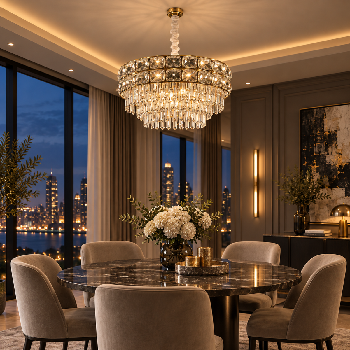 Candelabru Cristal LUCENT Nobile 4xE14, D40 cm, Auriu, Inaltime Reglabila, Metal si Cristal