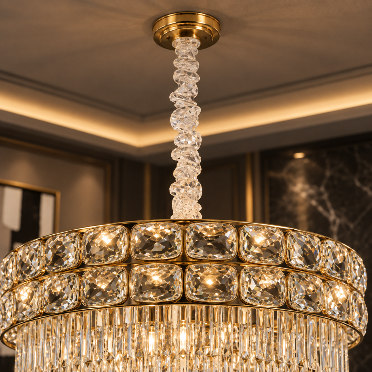 Candelabru Cristal LUCENT Nobile 4xE14, D40 cm, Auriu, Inaltime Reglabila, Metal si Cristal