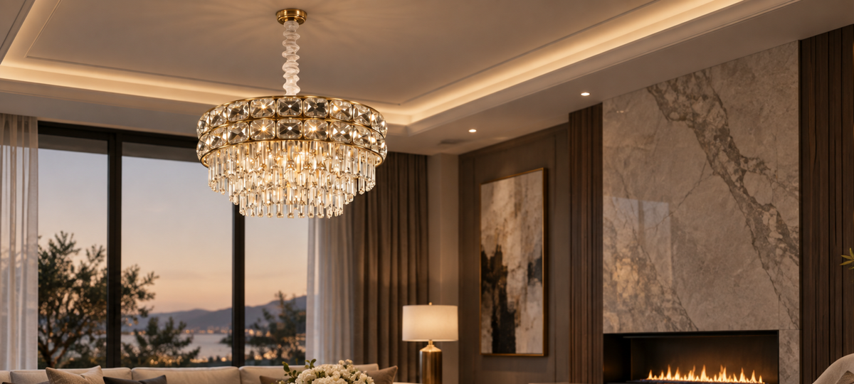 Candelabru Cristal LUCENT Nobile 4xE14, D40 cm, Auriu, Inaltime Reglabila, Metal si Cristal