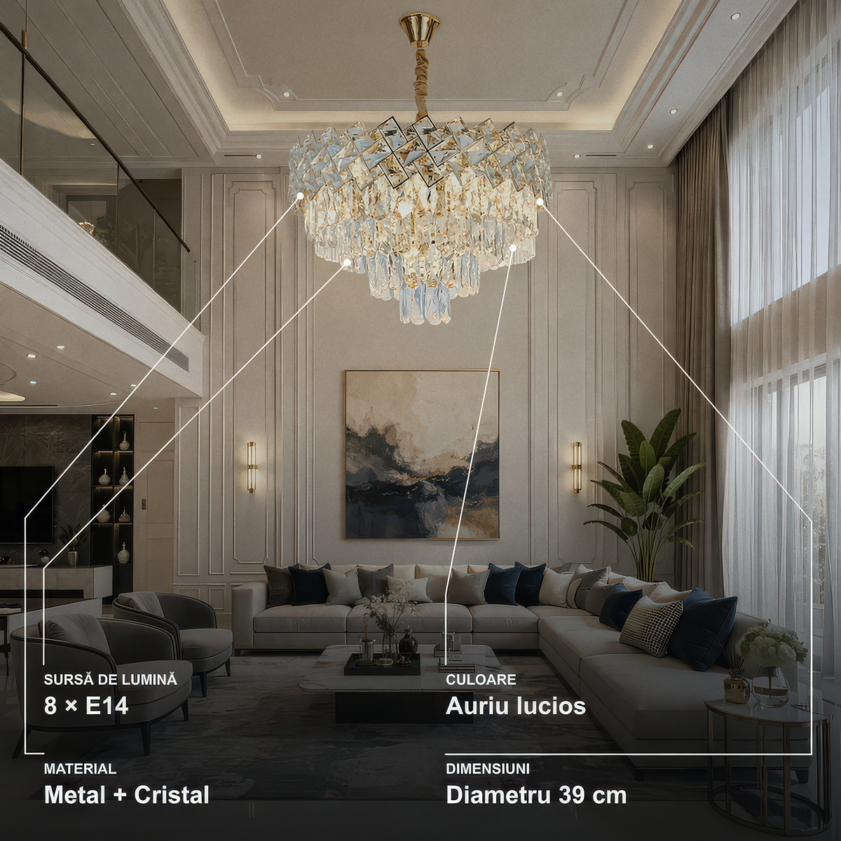 Candelabru Cristal WINDSOR Eleganza 8x E14, Diametru 39cm, Auriu Lucios, Inaltime Reglabila, Metal si Cristal