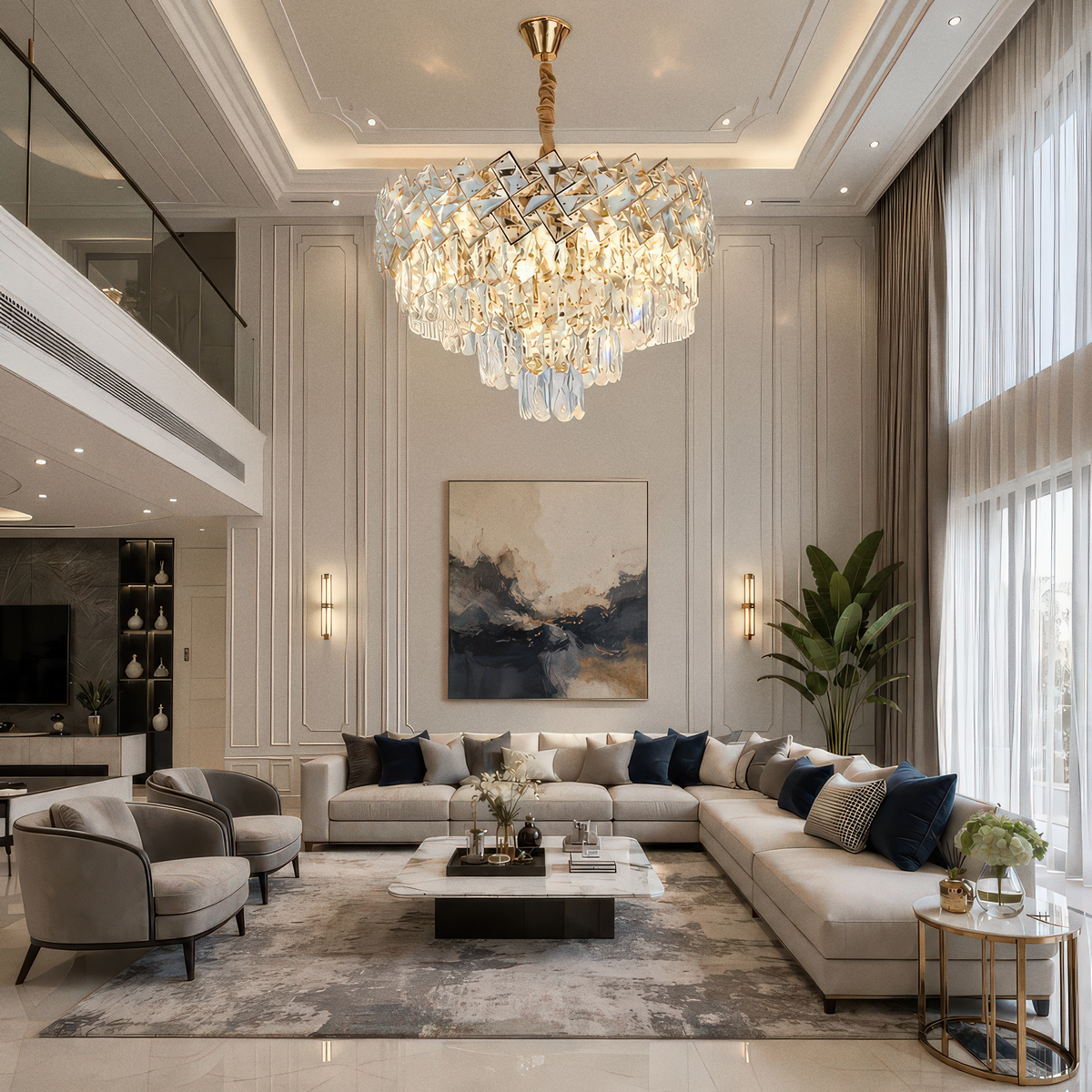Candelabru Cristal WINDSOR Eleganza 8x E14, Diametru 39cm, Auriu Lucios, Inaltime Reglabila, Metal si Cristal