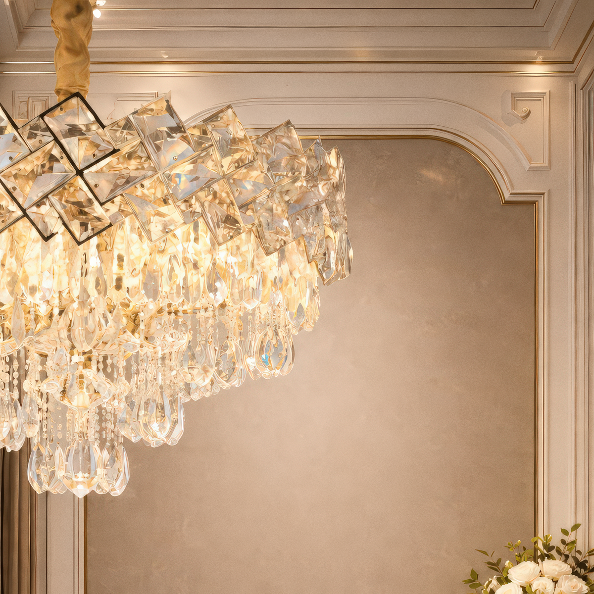 Candelabru Cristal WINDSOR Eleganza 8x E14, Diametru 39cm, Auriu Lucios, Inaltime Reglabila, Metal si Cristal