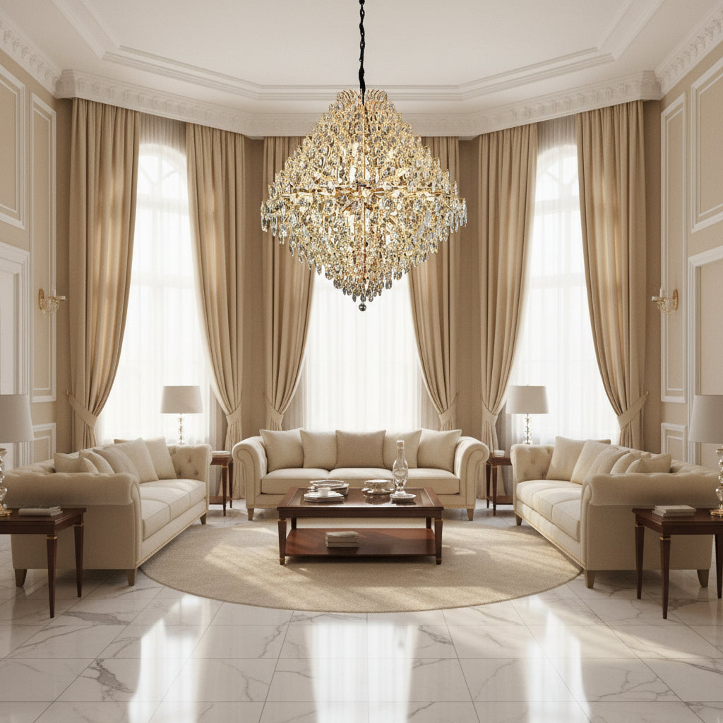 Candelabru Cristal KONIG Grande, 32xE14, D120 cm, Auriu, Inaltime Reglabila, Metal si Cristal