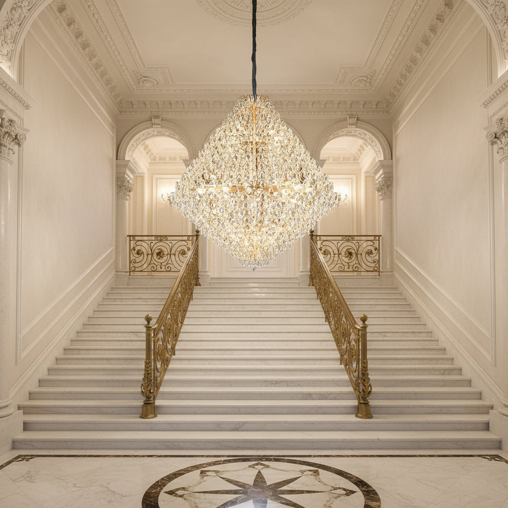Candelabru Cristal KONIG Grande Supremo, 54xE14, D150 cm, Auriu, Inaltime Reglabila, Metal si Cristal