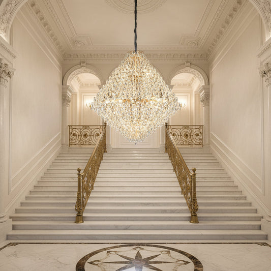 Candelabru Cristal KONIG Grande Supremo, 54xE14, D150 cm, Auriu, Inaltime Reglabila, Metal si Cristal