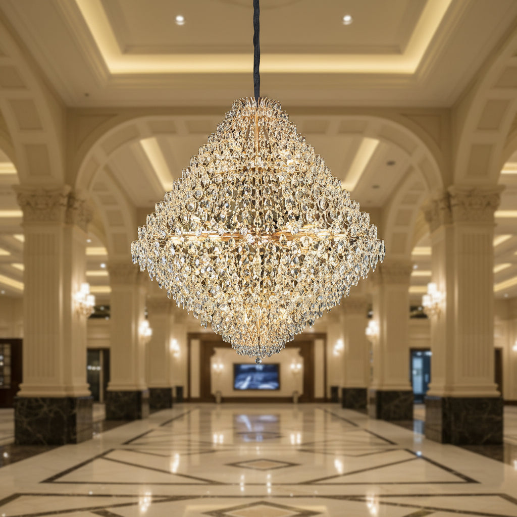 Candelabru Cristal KONIG Grande Supremo, 54xE14, D150 cm, Auriu, Inaltime Reglabila, Metal si Cristal