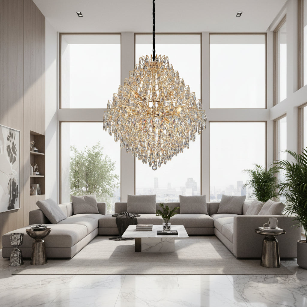 Candelabru Cristal KONIG Regalis, 15xE14, D80 cm, Auriu, Inaltime Reglabila, Metal si Cristal
