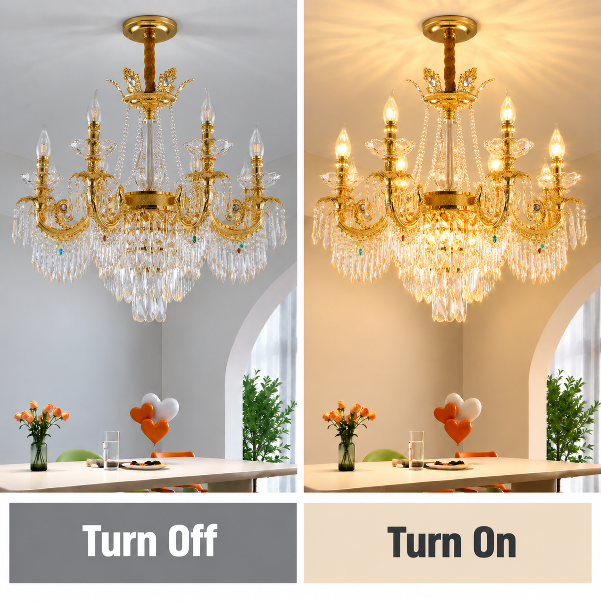 Candelabru Cristal 11xE14, D80cm, Auriu Lucios, Inaltime Reglabila, Metal si Cristal