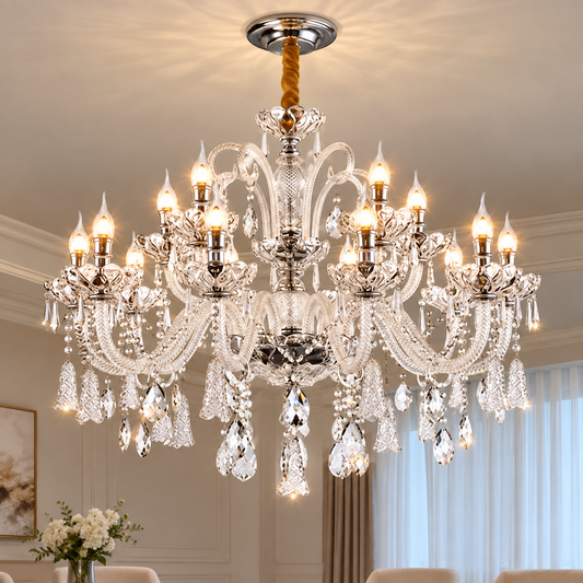 Candelabru Cristal 15xE14, D95cm, Argintiu, Inaltime Reglabila, Metal si Cristal