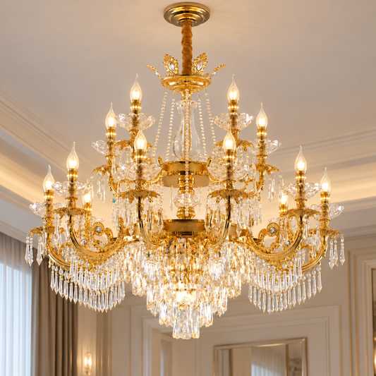 Candelabru Cristal 19xE14, D95cm, Auriu Lucios, Inaltime Reglabila, Metal si Cristal