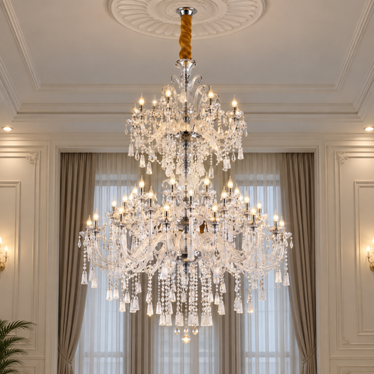 Candelabru Cristal , 55xE14, Diametru 145cm, Inaltime 230cm, Argintiu, Inaltime Reglabila, Design Elegant
