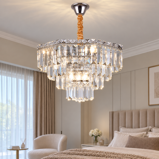 Candelabru Cristal ADAMA Nobile, 5x E14, Diametru 40cm, Crom Lucios, Inaltime Reglabila